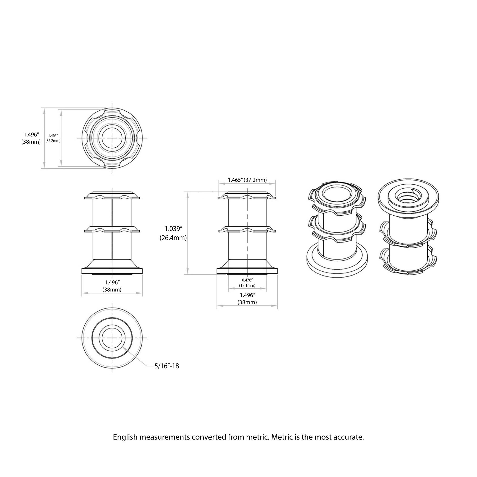 Round Double Star Metal Caster Insert 5/16-18 x 1-1/2