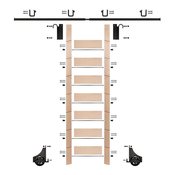 92in H | Maple Clear Pre Finished Rolling Ladder With Hardware Kit | Black Hardware | 8ft Track