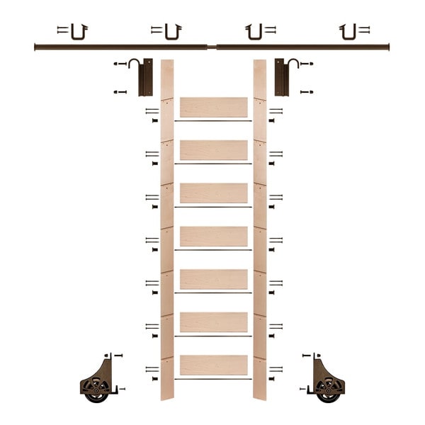 92in H | Unfinished Maple Rolling Ladder With Hardware Kit | Bronze Hardware | 8ft Track